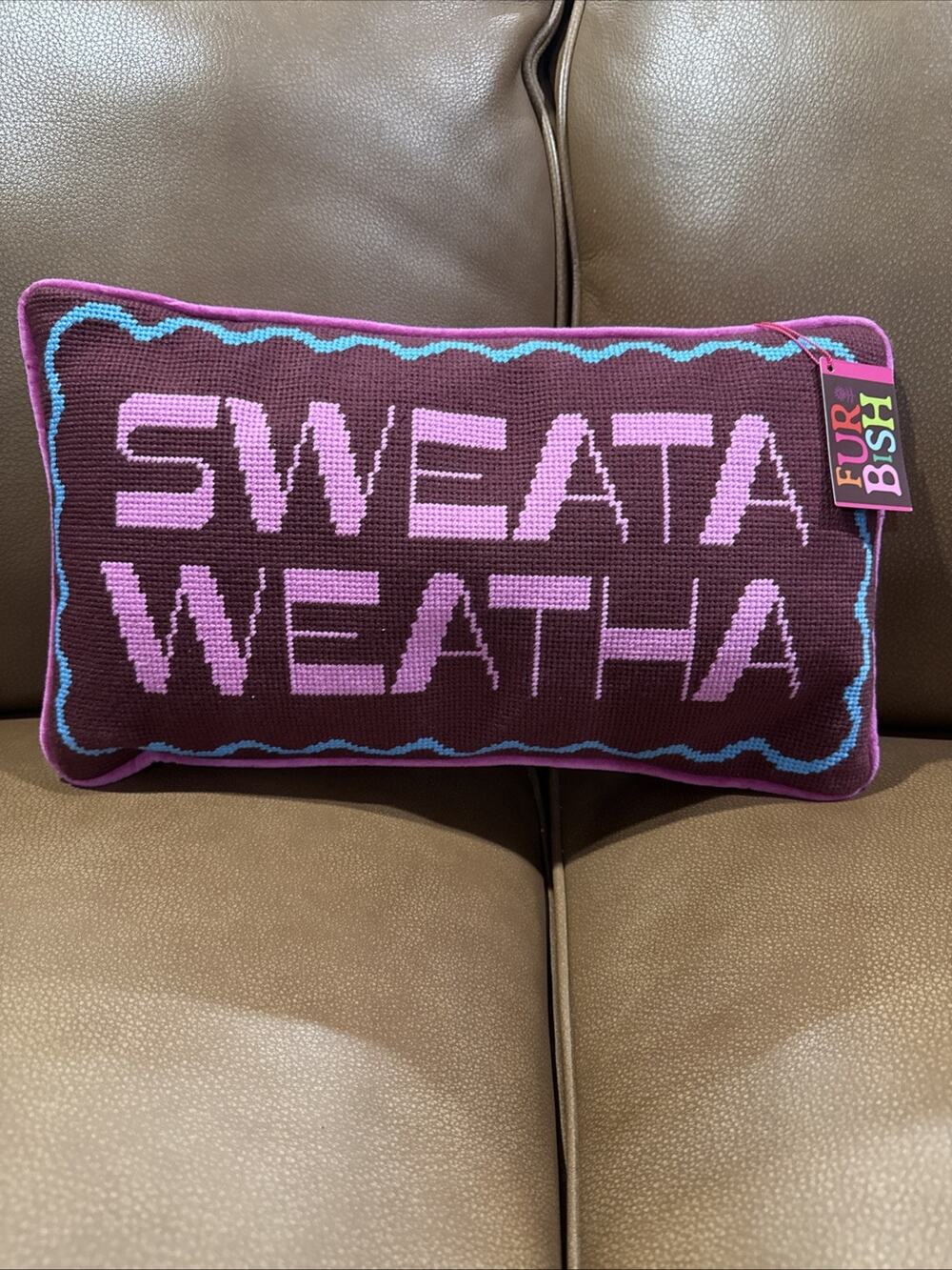 Furbish Needlepoint Pillow Sweata Weatha Velvet Piping/Back 9" x 15" NWT Pink